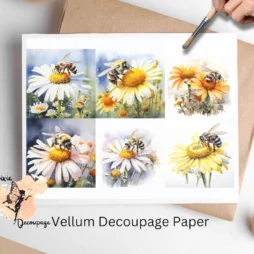 Six images of bees sitting on daisies. Bee on Daisy Flower Collage 2, Vellum Decoupage Paper