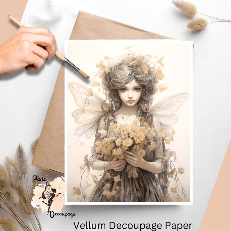 Image of a fairy and flowers. Fairy 3 Vellum Decoupage Paper