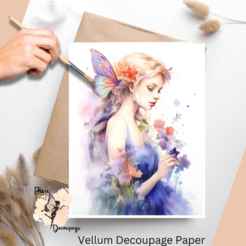 Image of a fairy and flowers. Fairy 6 Vellum Decoupage Paper