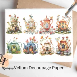 Whimsical Fairy House Teapot Collage 1, Vellum Decoupage Paper