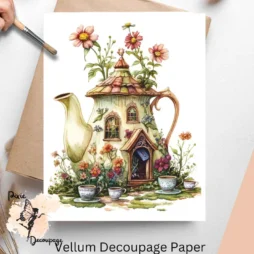 Whimsical Fairy House Teapot 1, Vellum Decoupage Paper