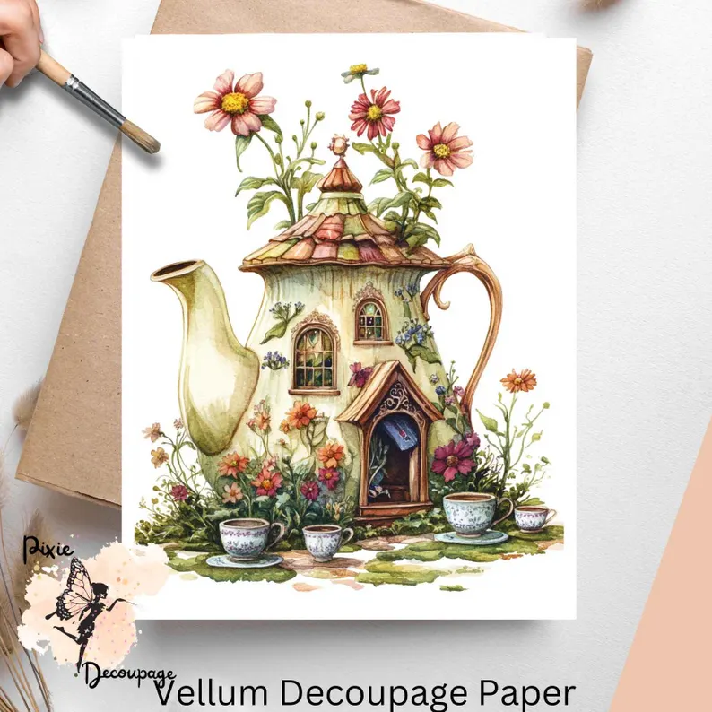 Whimsical Fairy House Teapot 1, Vellum Decoupage Paper