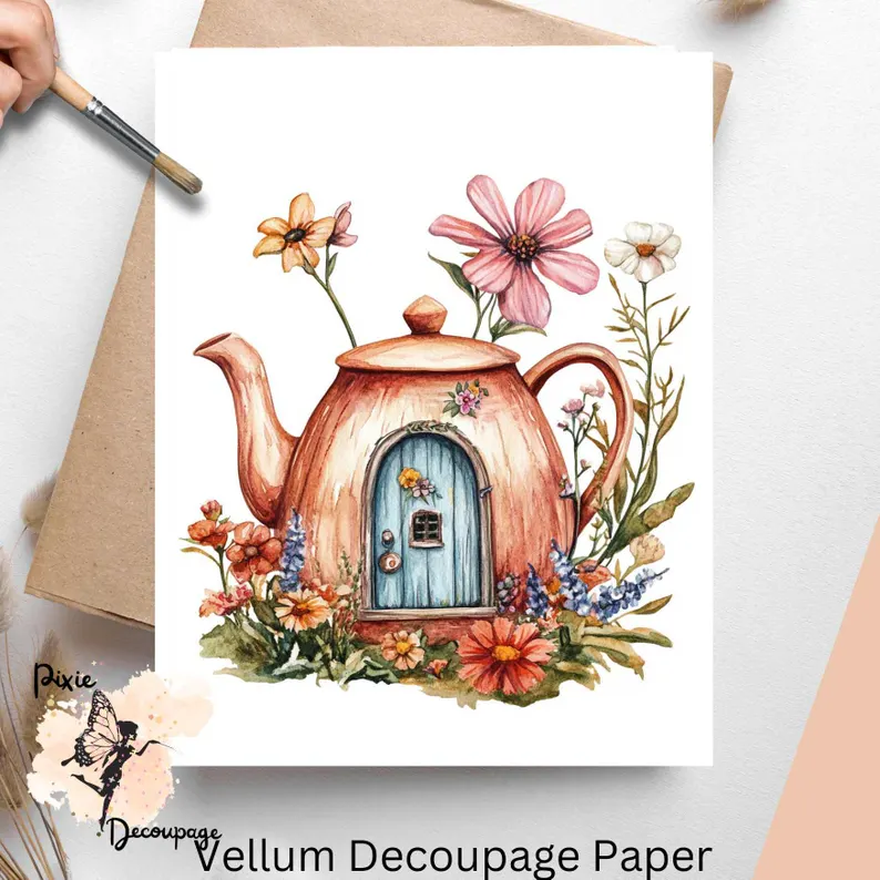 Whimsical Fairy House Teapot 2, Vellum Decoupage Paper