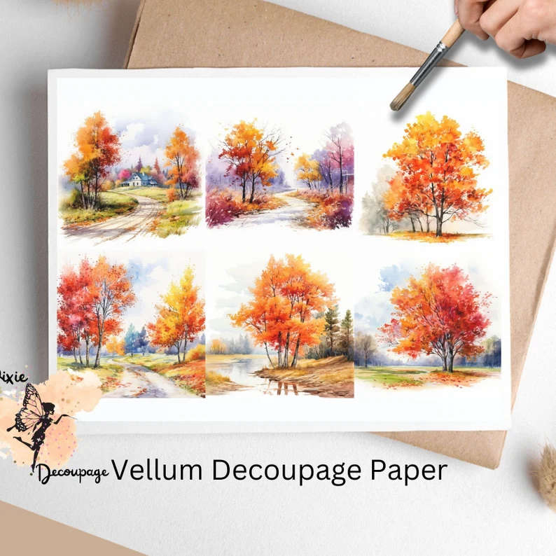 Images of trees with leavers turned.. Fall Trees Collage 2, Vellum Decoupage Paper