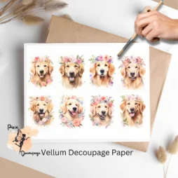 Eight images of golden retrievers and flowers. Golden Retriever Portrait Collage 1, Vellum Decoupage Paper