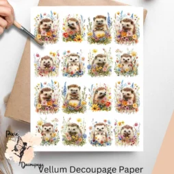 Sixteen images of hedgehogs and flowers. Hedgehog in Flowers Collage 2, Vellum Decoupage Paper