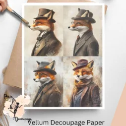 Four images of foxes wearing hats and coats. Fox Portrait Collage 1, Vellum Decoupage Paper