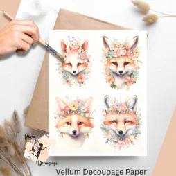 Four images of foxes and flowers. Fox with Florals Collage 1, Vellum Decoupage Paper