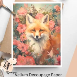 Image of a fox surrounded by florals. Fox in Florals 1, Vellum Decoupage Paper