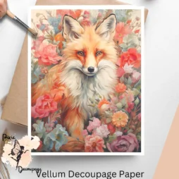 Image of a fox surrounded by flowers. Fox in Florals 2, Vellum Decoupage Paper