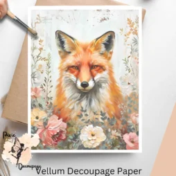 Image of a fox and flowers. Fox in Florals 3, Vellum Decoupage Paper