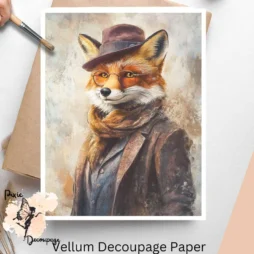 Image of a fox wearing a hat and a coat. Fox Portrait 1, Vellum Decoupage Paper