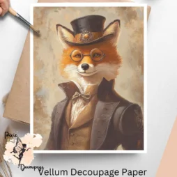 Image of a fox wearing a hat and a coat. Fox Portrait 2, Vellum Decoupage Paper