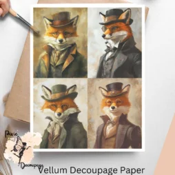 Four images of foxes wearing hats and coats. Fox Portrait Collage 2, Vellum Decoupage Paper