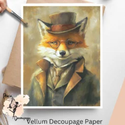 Image of a fox wearing a hat and a coat. Fox Portrait 3, Vellum Decoupage Paper