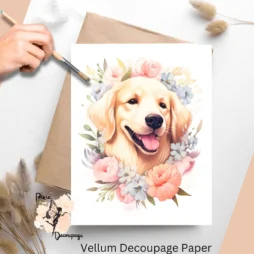 Image of a Golden Retriever and flowers. Golden Retriever Portrait 1, Vellum Decoupage Paper