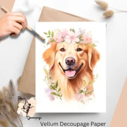 Image of a golden retriever with flowers. Golden Retriever Portrait 2, Vellum Decoupage Paper