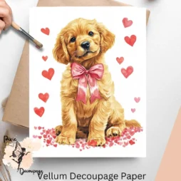 Image of a Golden Retriever puppy surrounded by hearts. Golden Retriever On Valentine's Day 1, Vellum Decoupage Paper