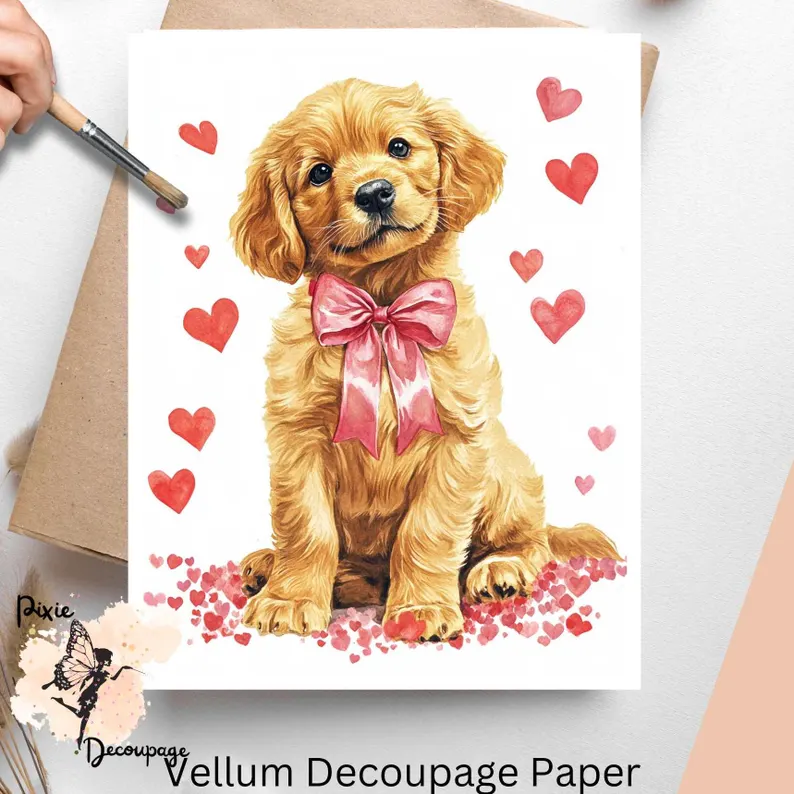 Image of a Golden Retriever puppy surrounded by hearts. Golden Retriever On Valentine's Day 1, Vellum Decoupage Paper