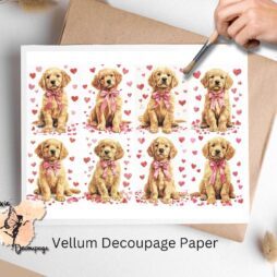 Eight images of puppies and hearts. Golden Retriever On Valentine's Day Collage 1, Vellum Decoupage Paper