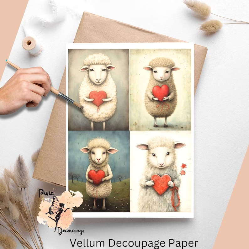 Valentine Sheep Collage 1, Vellum Decoupage Paper