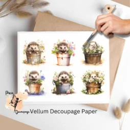 Six images of hedgehogs in buckets with flowers. Hedgehog in Flower Bucket Collage 1, Vellum Decoupage Paper