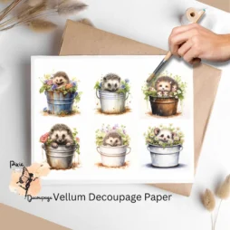 Six images of hedgehogs in buckets of flowers. Hedgehog in Flower Bucket Collage 2, Vellum Decoupage Paper