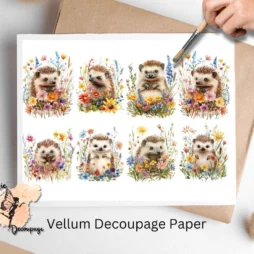 Eight images of hedgehogs and flowers. Hedgehog in Flowers Collage 1, Vellum Decoupage Paper