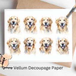 Eight images of golden retrievers. Light Golden Retriever Collage 1, Vellum Decoupage Paper
