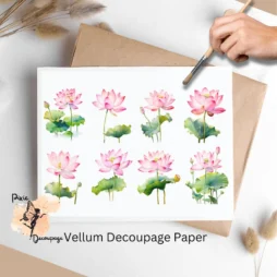Eight images of lotus flowers. Lotus Flower Collage 1, Vellum Decoupage Paper