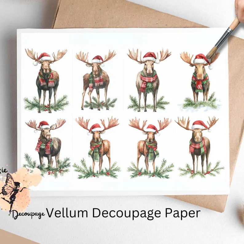 Moose with Santa Hat Collage 1, Vellum Decoupage Paper