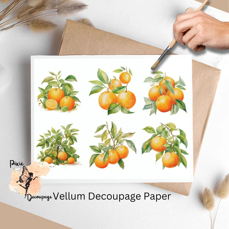 Six images of orange bundles. Oranges Collage 1, Vellum Decoupage Paper