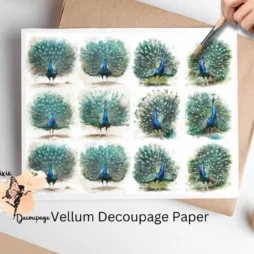 Twelve images of peacocks with the tails fanned out. Peacock Collage 3, Vellum Decoupage Paper