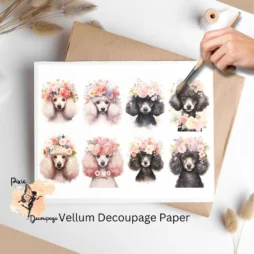 Eight images of poodles with flowers. Poodle Portrait Collage 1, Vellum Decoupage Paper