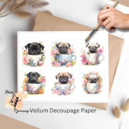 Pug in Tea Cup Collage 1, Vellum Decoupage Paper