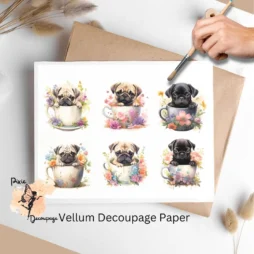 Pug in Tea Cup Collage 2, Vellum Decoupage Paper
