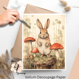 Woodland scene of a rabbit surrounded by mushrooms.