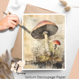 Image of 2 cottagecore mushrooms in a vintage inspired background.