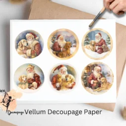 Six images of Santa and Golden Retrievers, Nostalgic Santa Claus with Golden Retrievers Circle Collage 1, Vellum Decoupage Paper