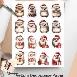 Sixteen images of hedgehogs wearing Santa hats. Hedgehog with Santa Hat Collage 1, Vellum Decoupage Paper