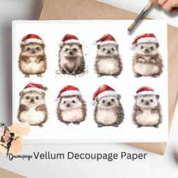 Eight images of hedgehogs wearing Santa hats. Hedgehog with Santa Hat Collage 2, Vellum Decoupage Paper