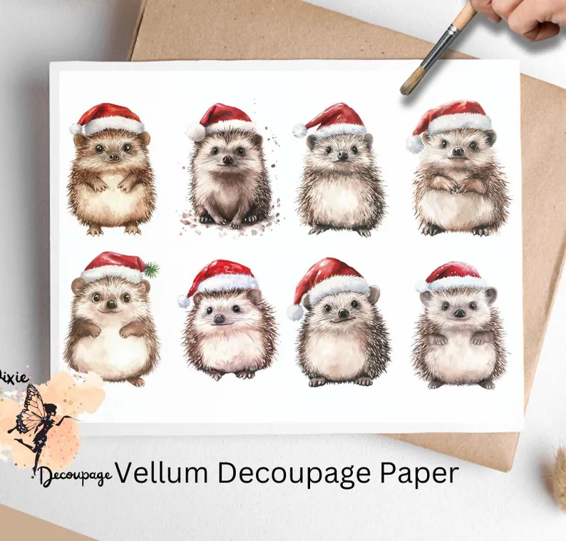 Eight images of hedgehogs wearing Santa hats. Hedgehog with Santa Hat Collage 2, Vellum Decoupage Paper