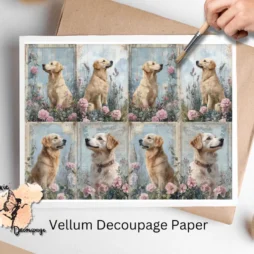 Eight images of Golden retrievers and flowers. Shabby Chic Golden Retriever Collage 1, Vellum Decoupage Paper