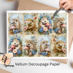 Eight images of hedgehogs and flowers. Shabby Chic Hedgehog Collage 1, Vellum Decoupage Paper