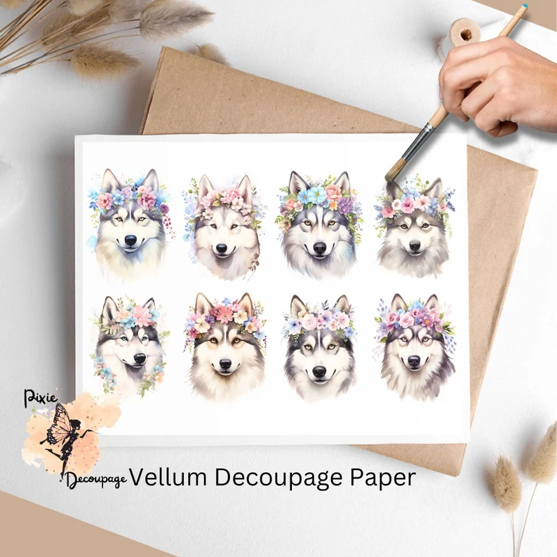 Siberian Husky Portrait Collage 1, Vellum Decoupage Paper