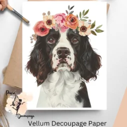 Image of a springer spaniel and flowers. English Springer Spaniel Portrait 2, Vellum Decoupage Paper