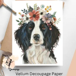 Image of a springer spaniel and flowers. English Springer Spaniel Portrait 3, Vellum Decoupage Paper