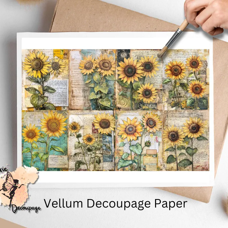 Sunflowers Ephemera Collage 1, Vellum Decoupage Paper