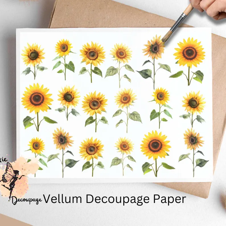 Several images of sunflowers. Sheet of Sunflowers Collage 1, Vellum Decoupage Paper