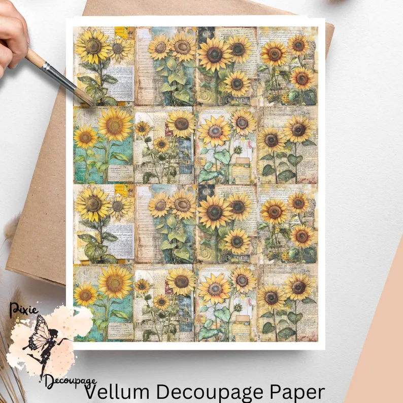 Sunflowers Ephemera Collage 2, Vellum Decoupage Paper